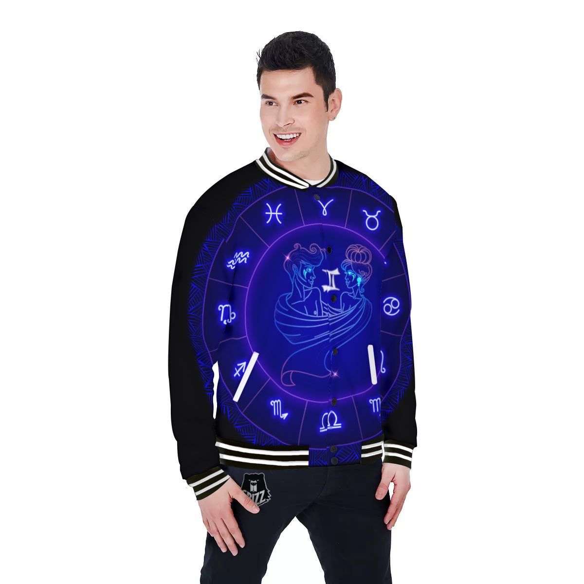 Zodiac Sign Dark Gemini Print Baseball Jacket-grizzshop