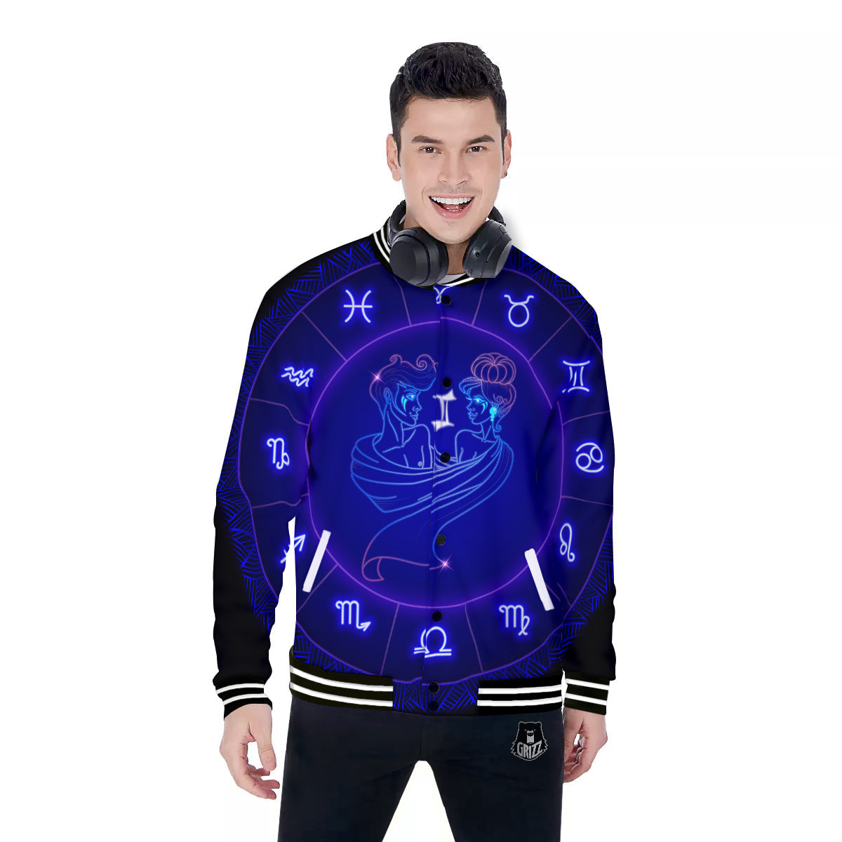 Zodiac Sign Dark Gemini Print Baseball Jacket-grizzshop