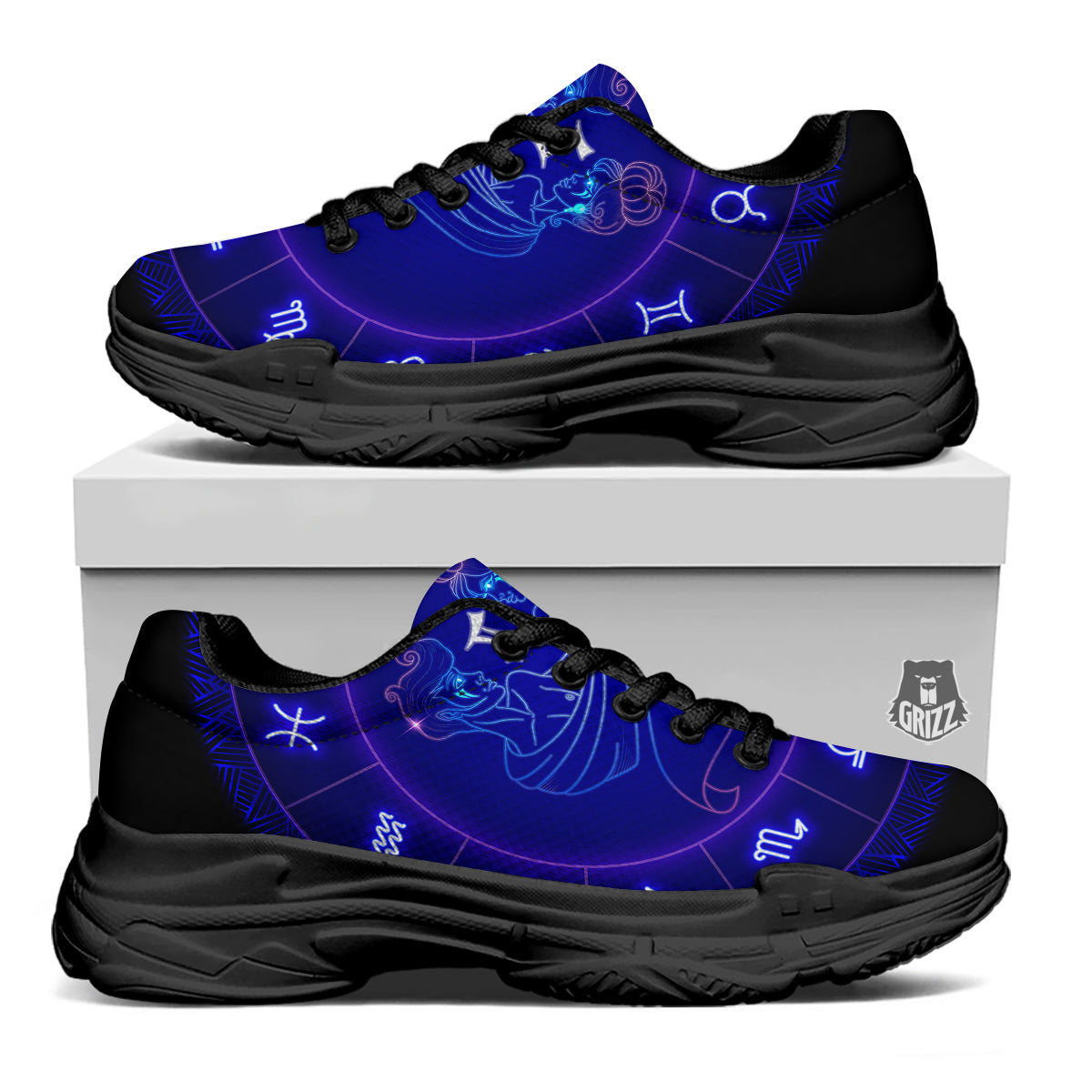 Zodiac Sign Dark Gemini Print Black Chunky Shoes-grizzshop