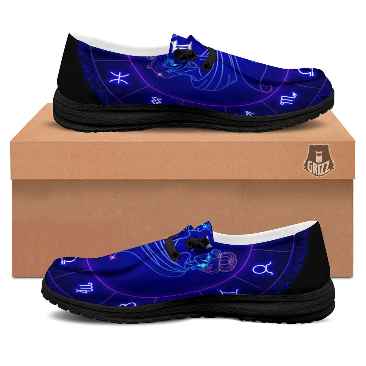 Zodiac Sign Dark Gemini Print Black Loafers-grizzshop