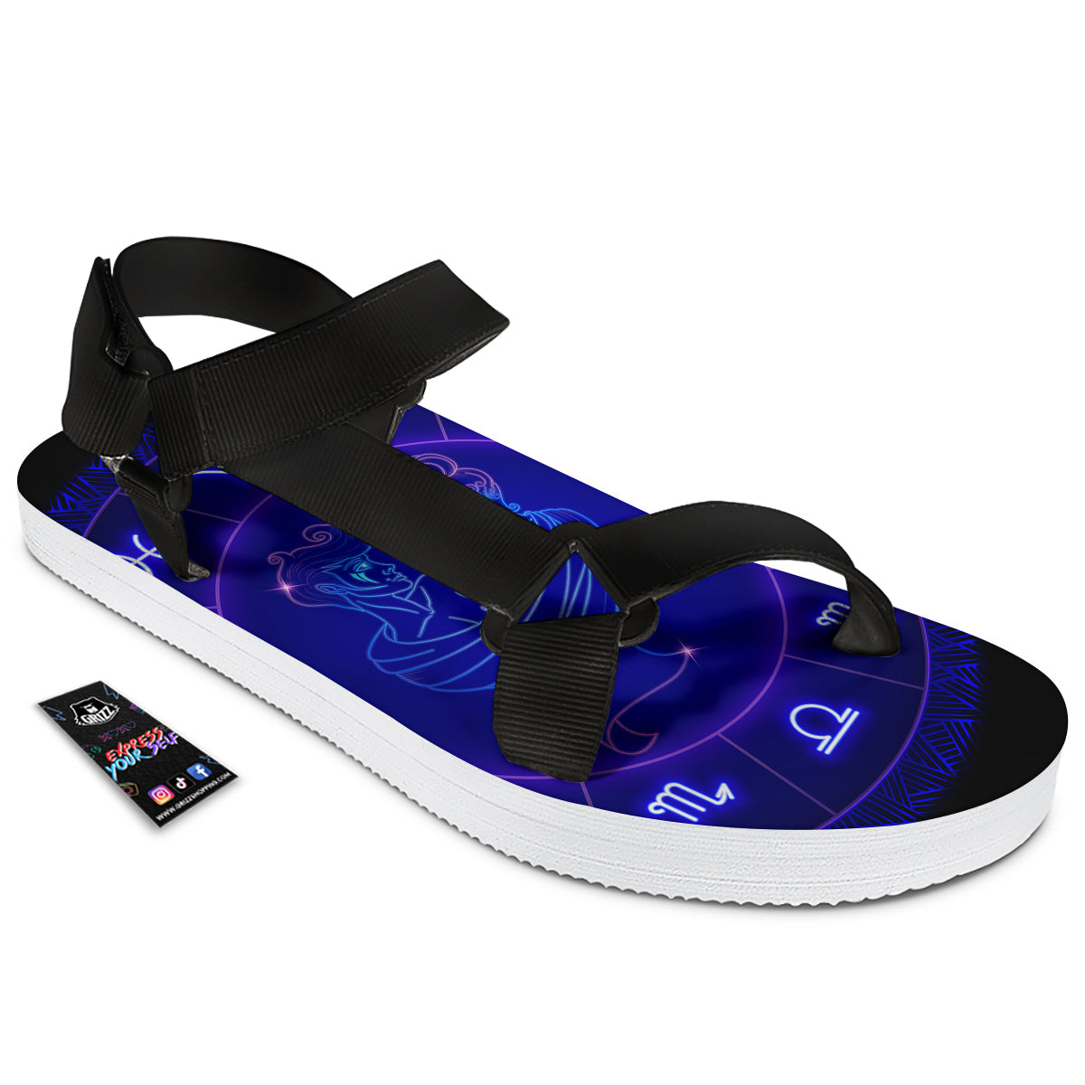 Zodiac Sign Dark Gemini Print Black Open Toe Sandals-grizzshop