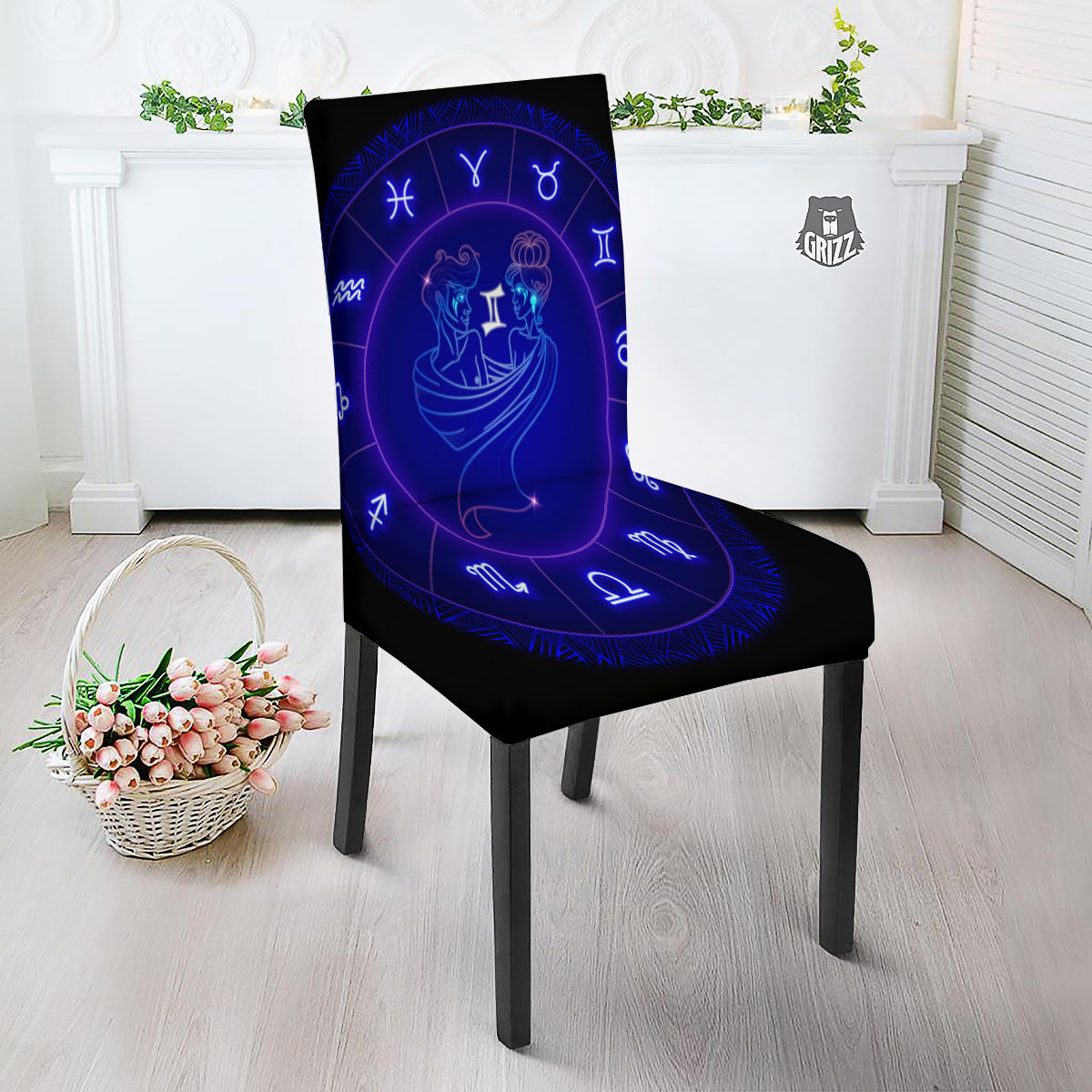 Zodiac Sign Dark Gemini Print Dining Chair Slipcover-grizzshop
