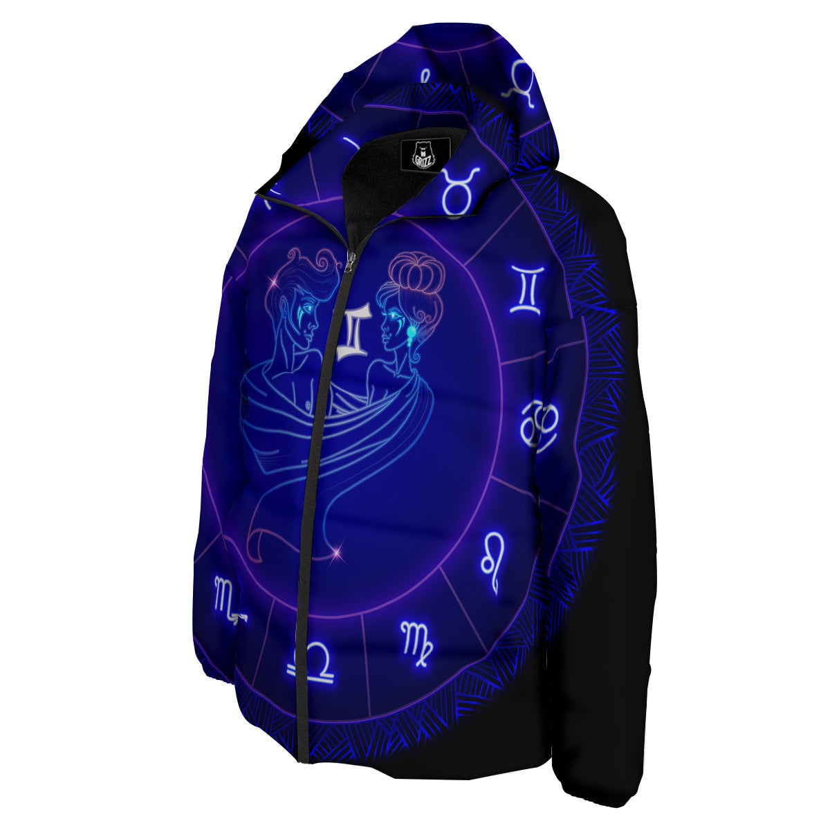 Zodiac Sign Dark Gemini Print Down Jacket-grizzshop