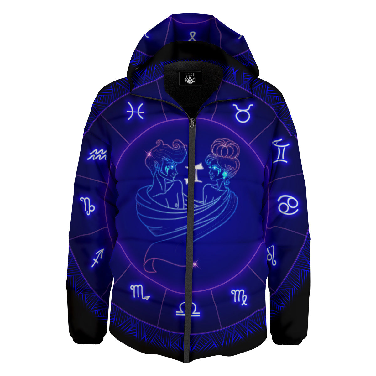 Zodiac Sign Dark Gemini Print Down Jacket-grizzshop