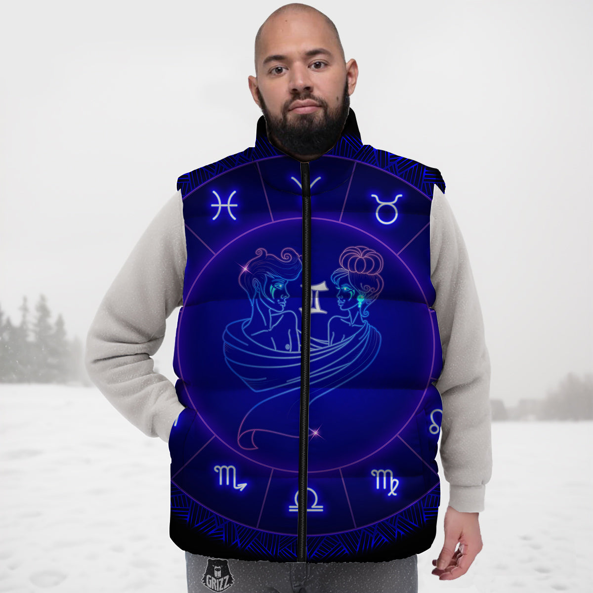 Zodiac Sign Dark Gemini Print Down Vest