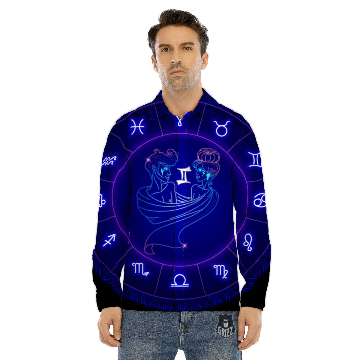 Zodiac Sign Dark Gemini Print Men's Dress Shirts-grizzshop