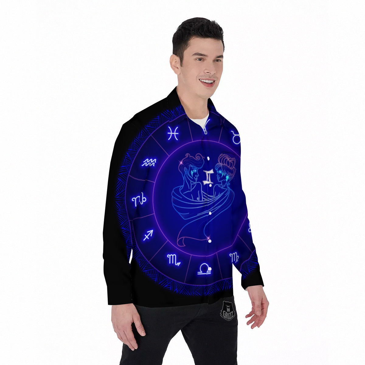 Zodiac Sign Dark Gemini Print Men's Long Sleeve Shirts-grizzshop