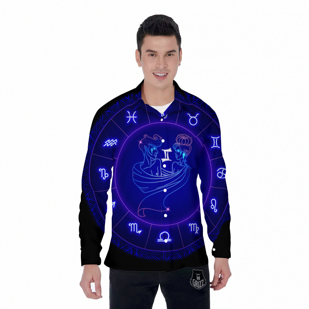 Zodiac Sign Dark Gemini Print Men's Long Sleeve Shirts-grizzshop