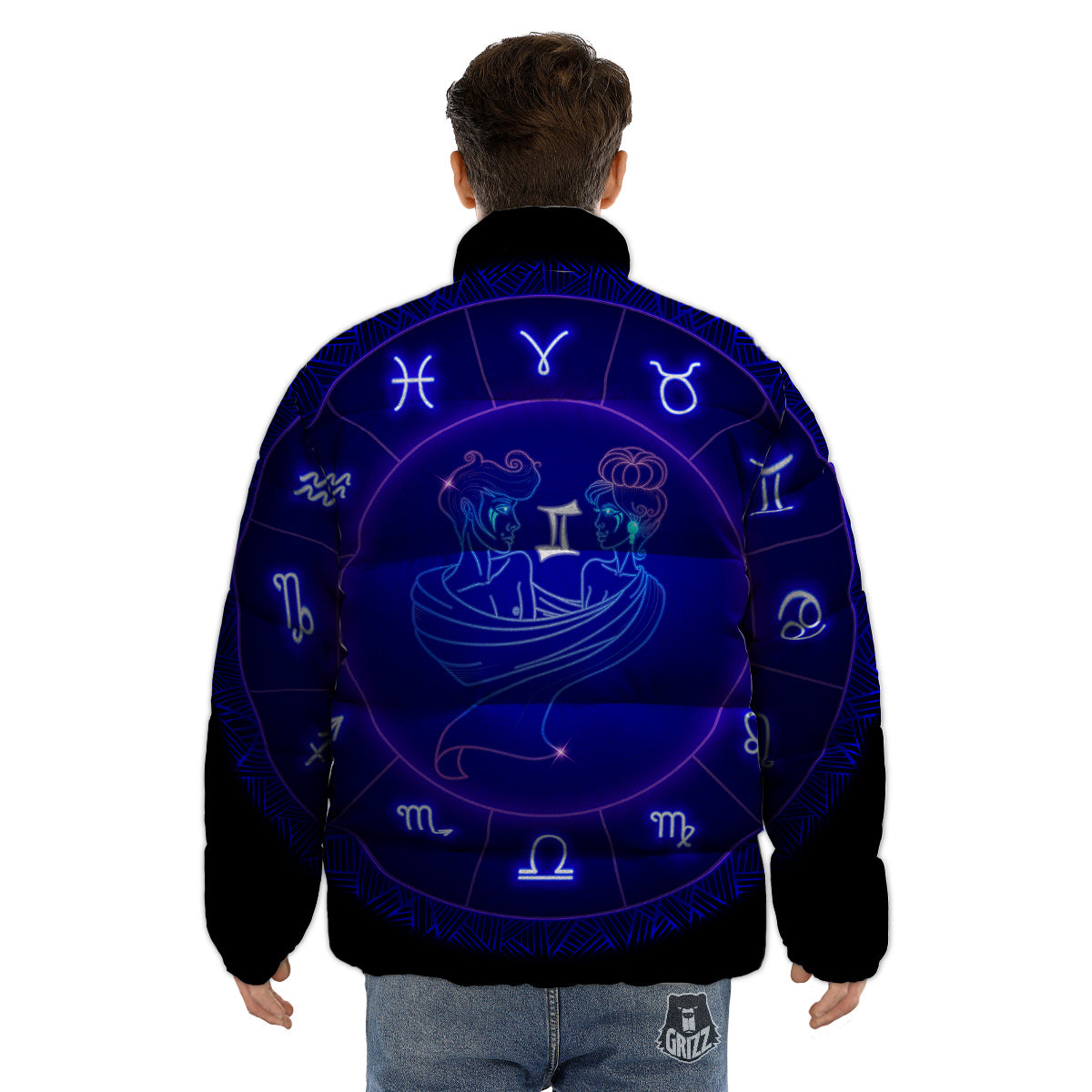 Zodiac Sign Dark Gemini Print Puffer Jacket-grizzshop