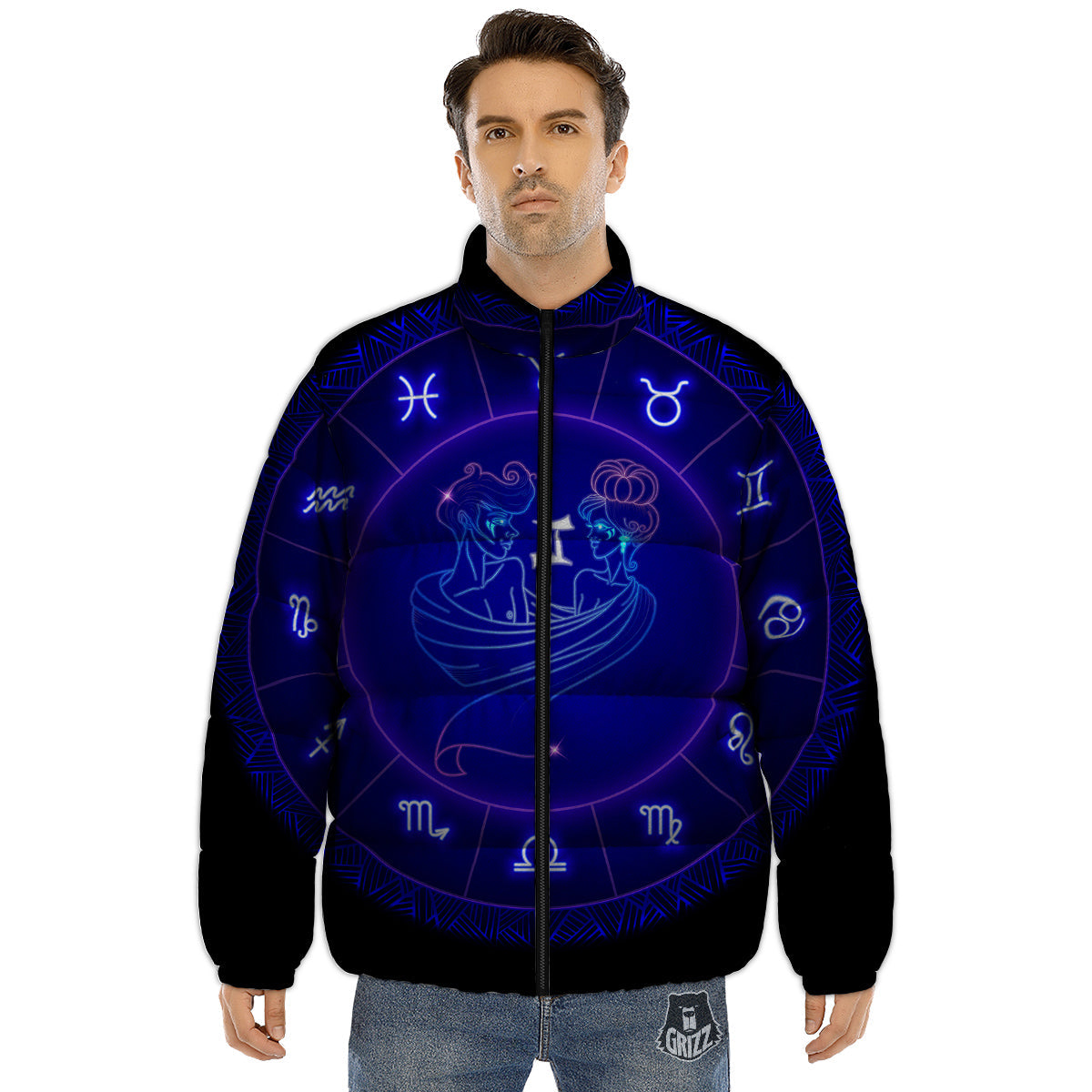 Zodiac Sign Dark Gemini Print Puffer Jacket-grizzshop