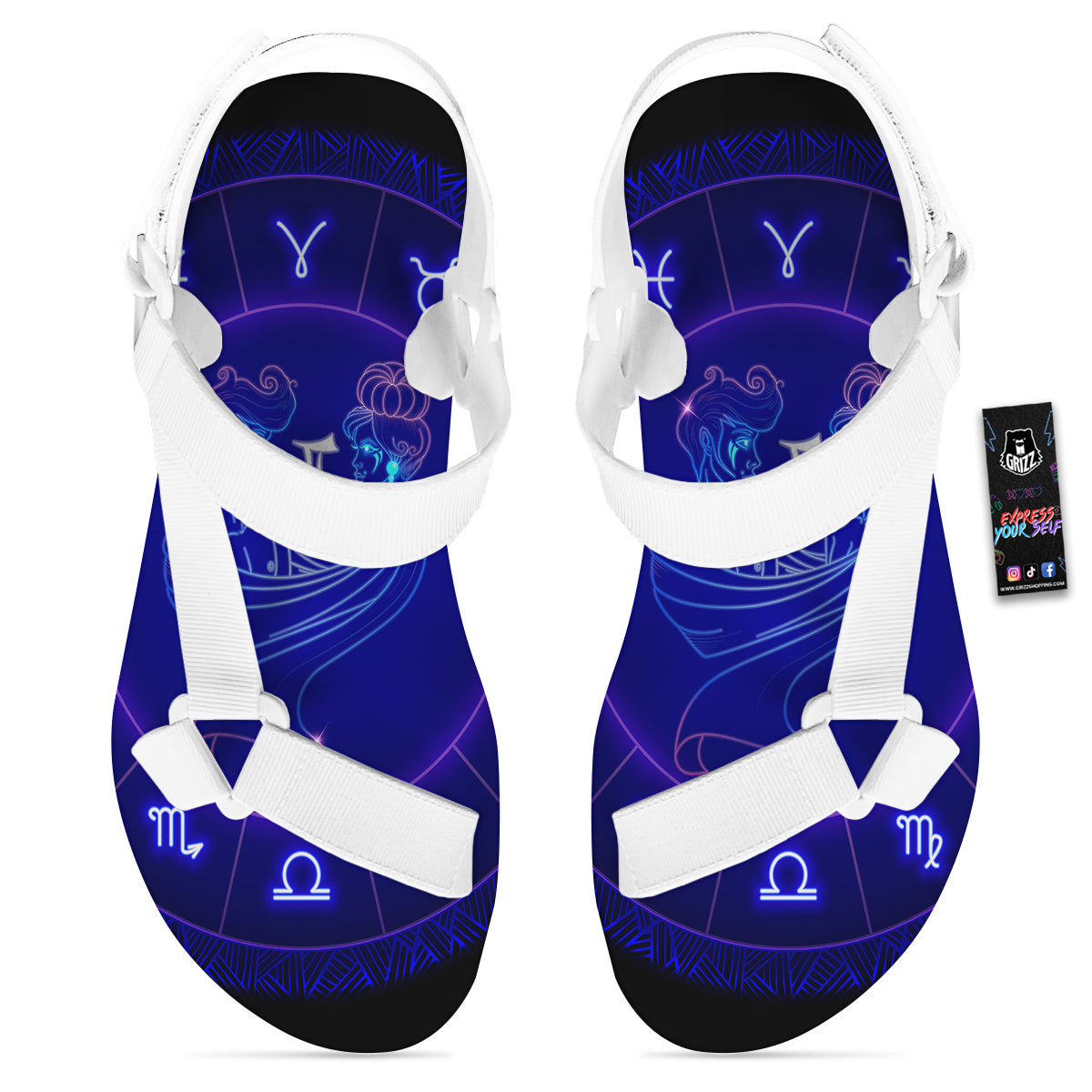 Zodiac Sign Dark Gemini Print White Open Toe Sandals-grizzshop