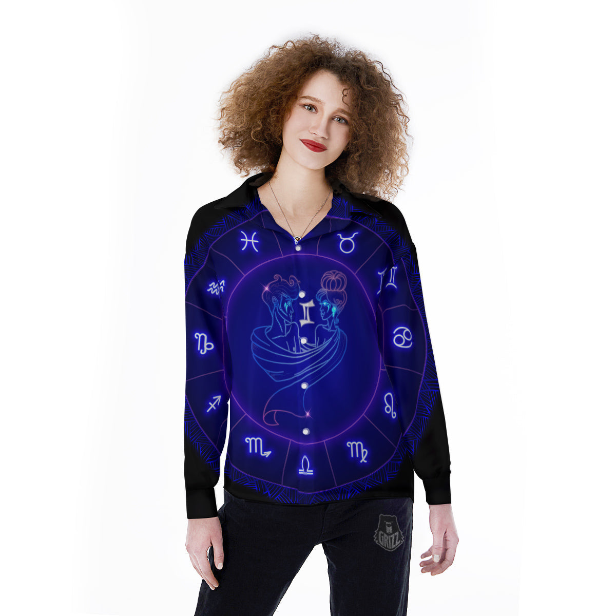 Zodiac Sign Dark Gemini Print Women's Long Sleeve Shirts-grizzshop