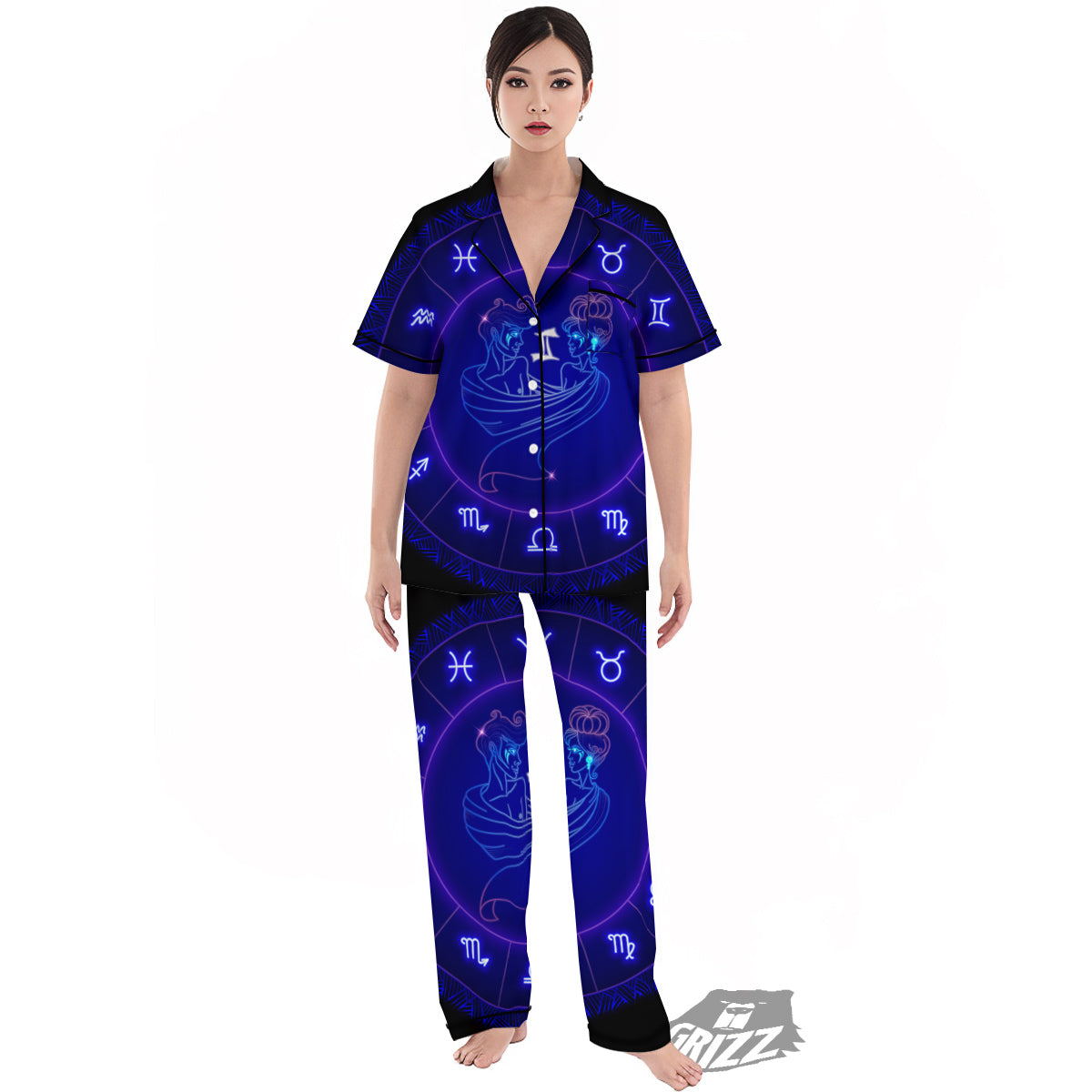 Zodiac Sign Dark Gemini Print Women's Pajamas Set-grizzshop
