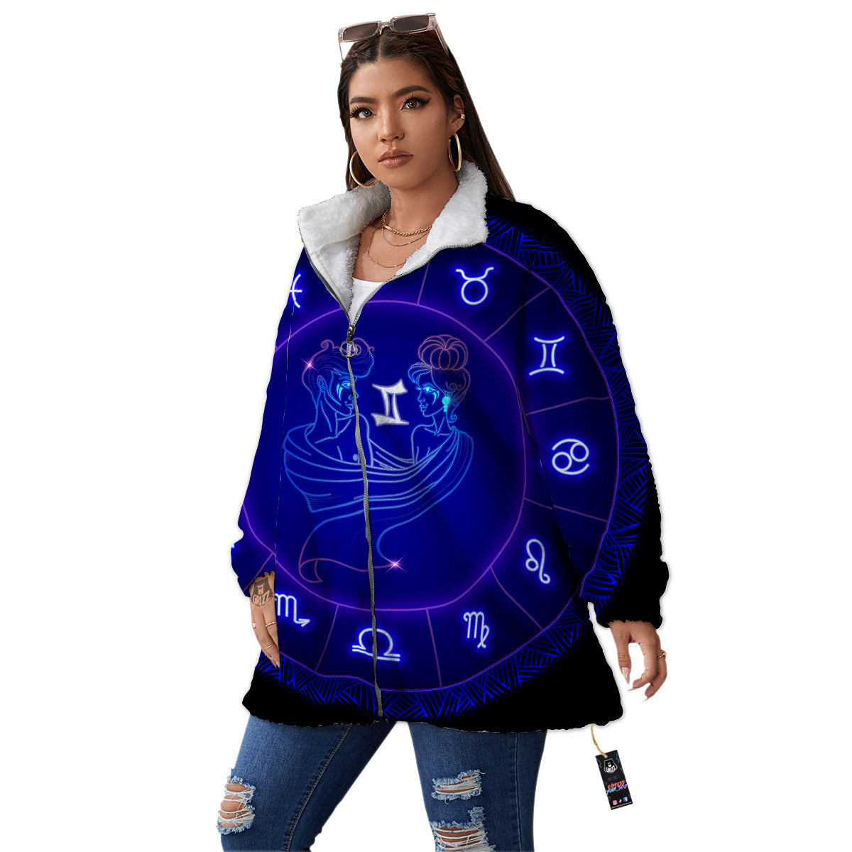 Zodiac Sign Dark Gemini Print Women's Sherpa Jacket-grizzshop