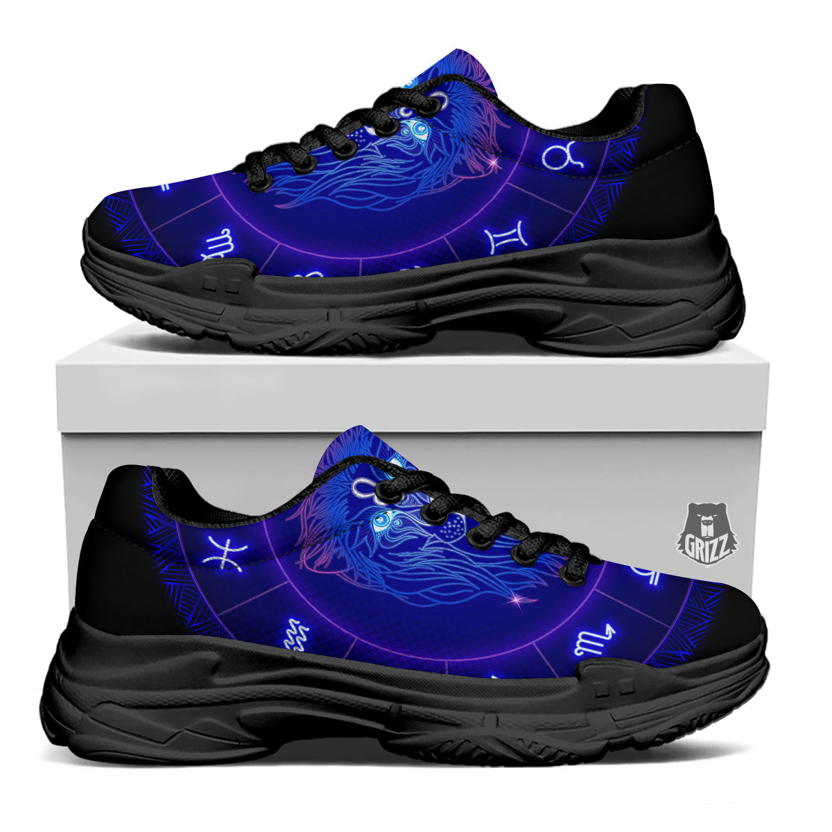 Zodiac Sign Dark Leo Print Black Chunky Shoes-grizzshop