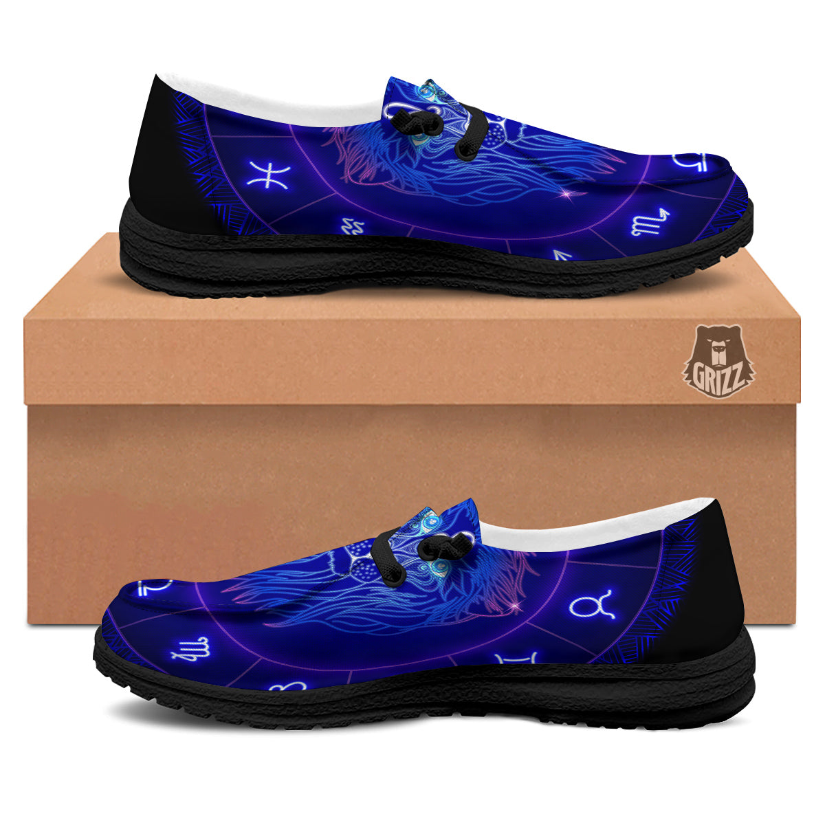 Zodiac Sign Dark Leo Print Black Loafers-grizzshop