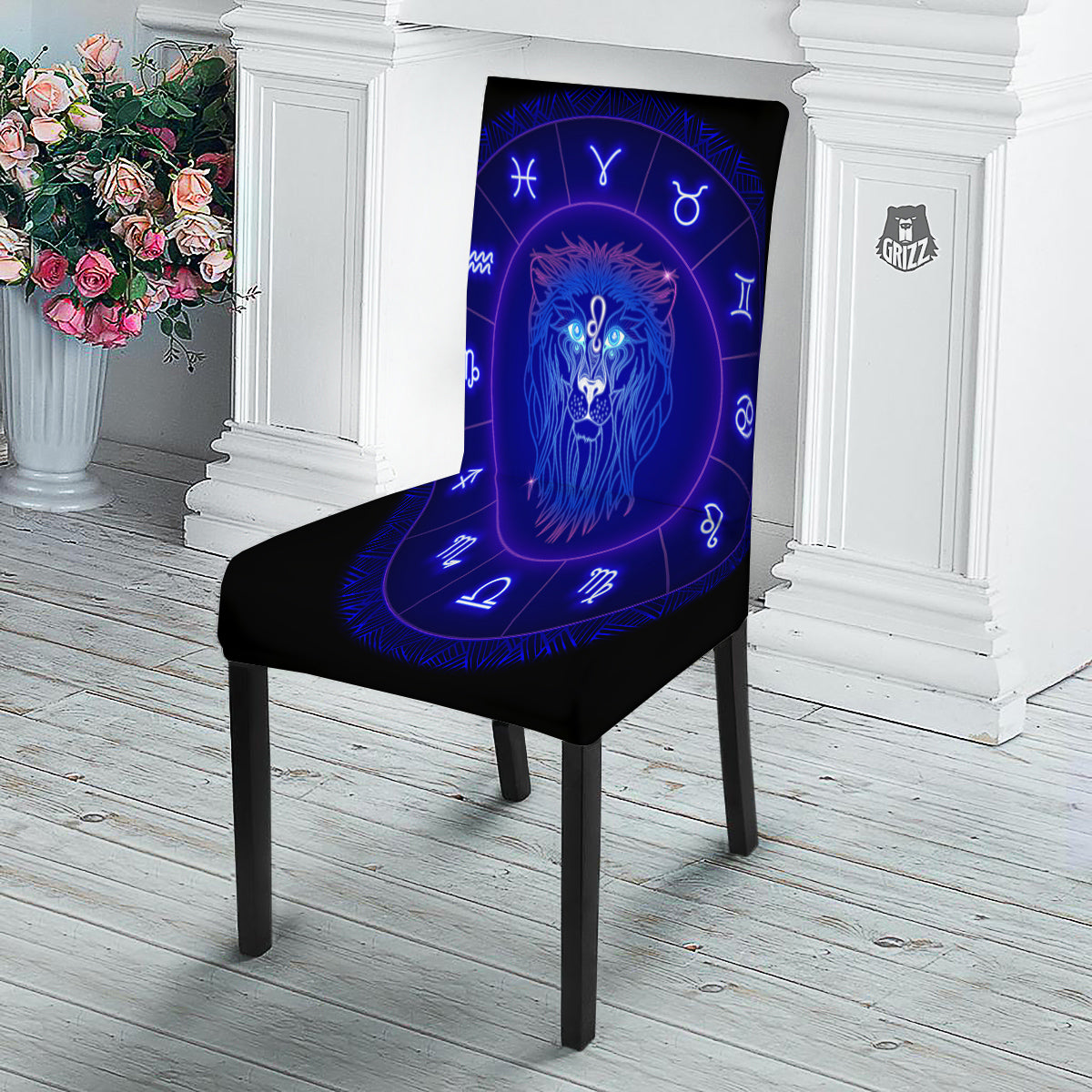 Zodiac Sign Dark Leo Print Dining Chair Slipcover-grizzshop