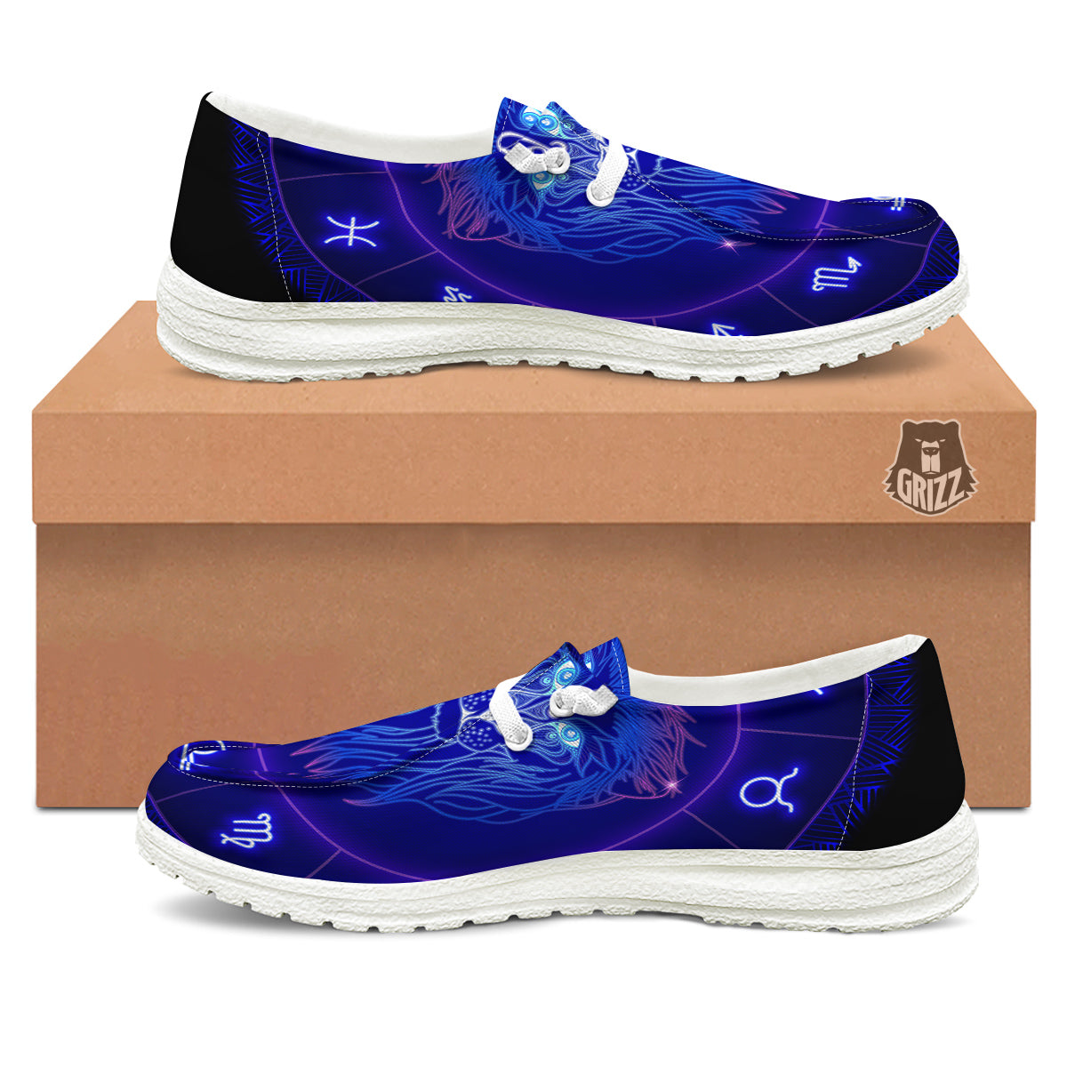Zodiac Sign Dark Leo Print White Loafers-grizzshop