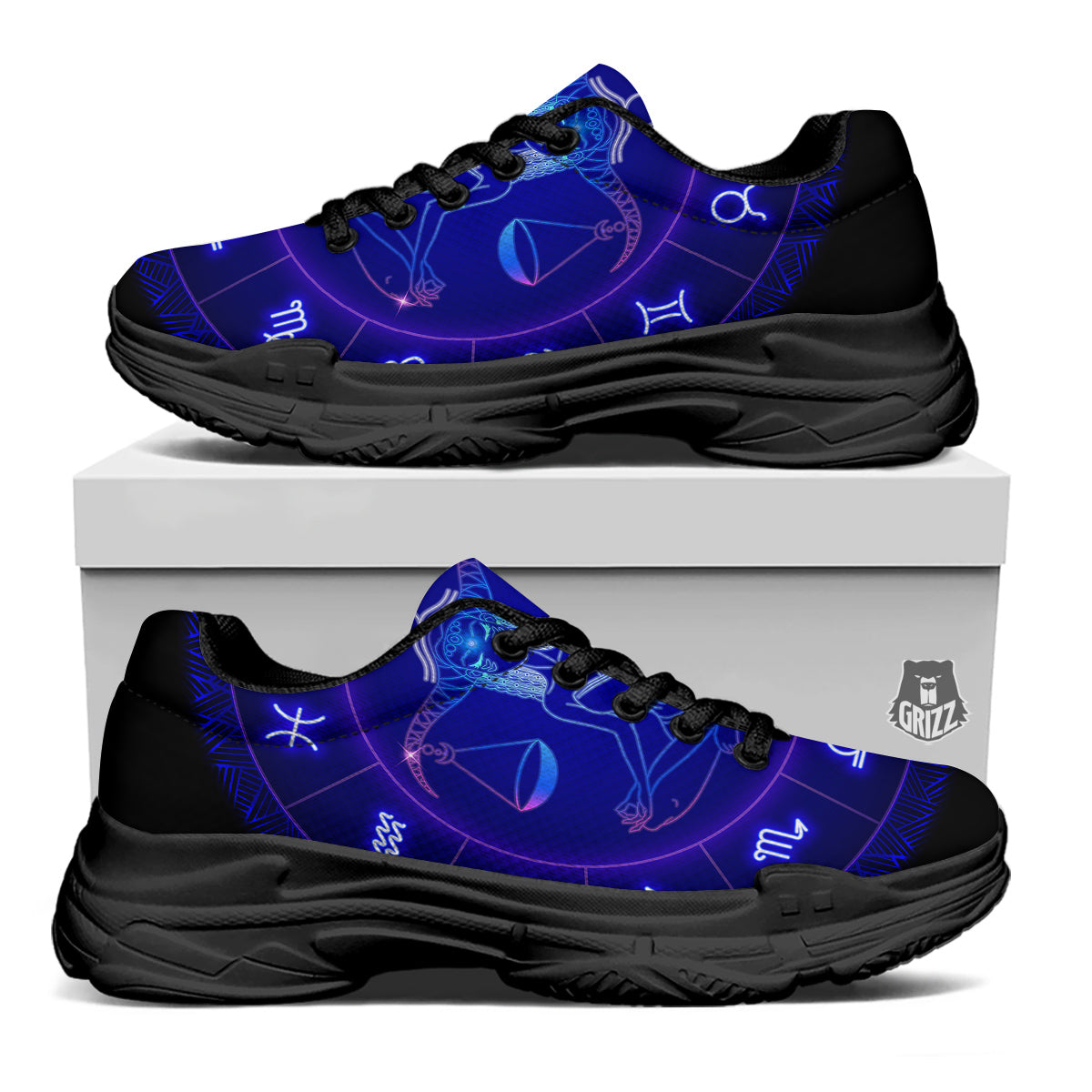 Zodiac Sign Dark Libra Print Black Chunky Shoes-grizzshop