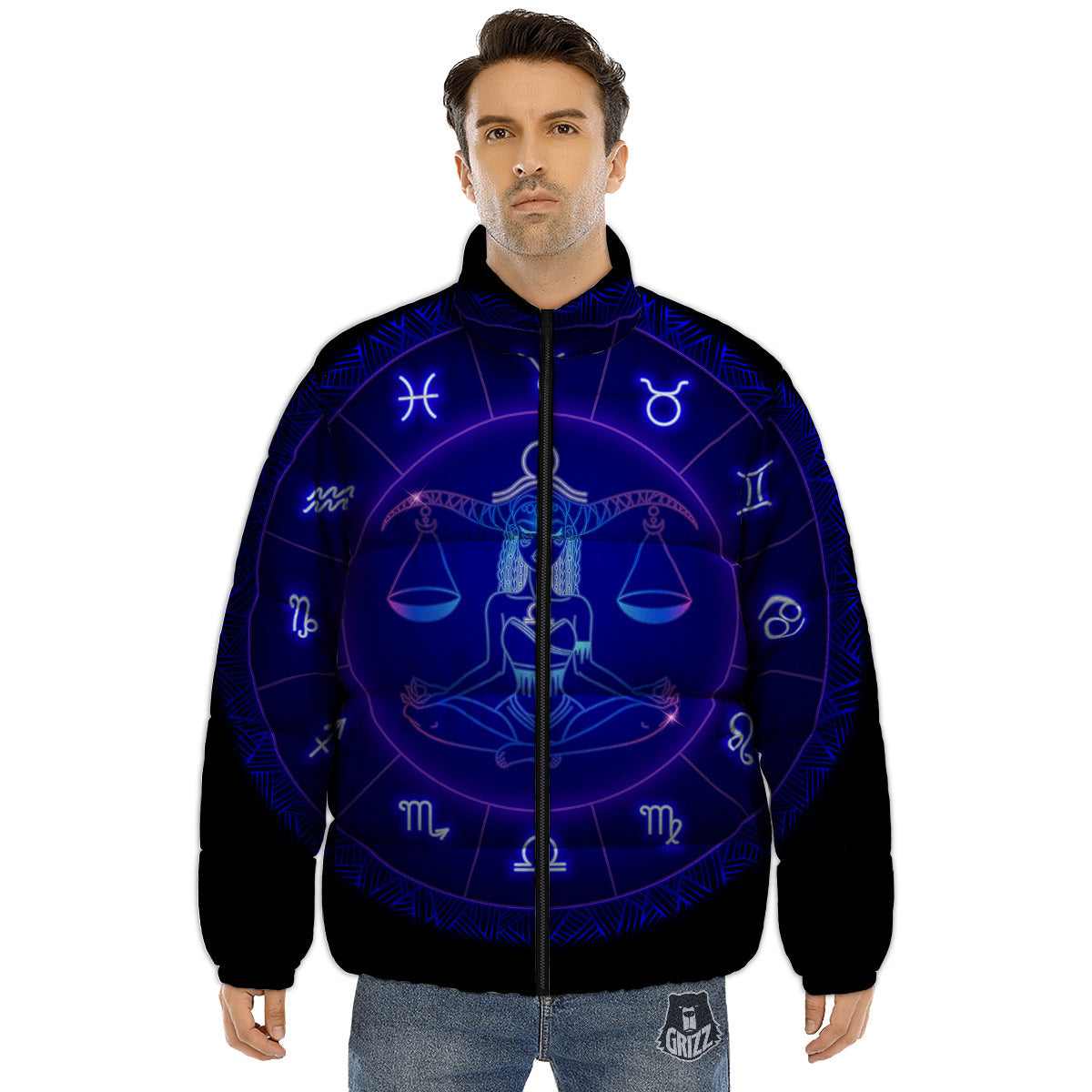 Zodiac Sign Dark Libra Print Puffer Jacket-grizzshop