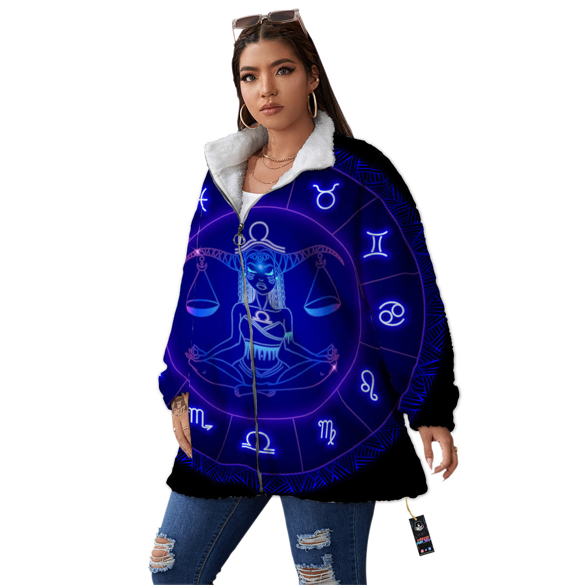 Zodiac Sign Dark Libra Print Women's Sherpa Jacket-grizzshop