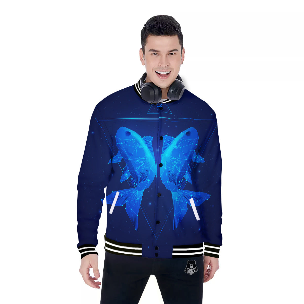 Zodiac Sign Dark Pisces Print Baseball Jacket-grizzshop