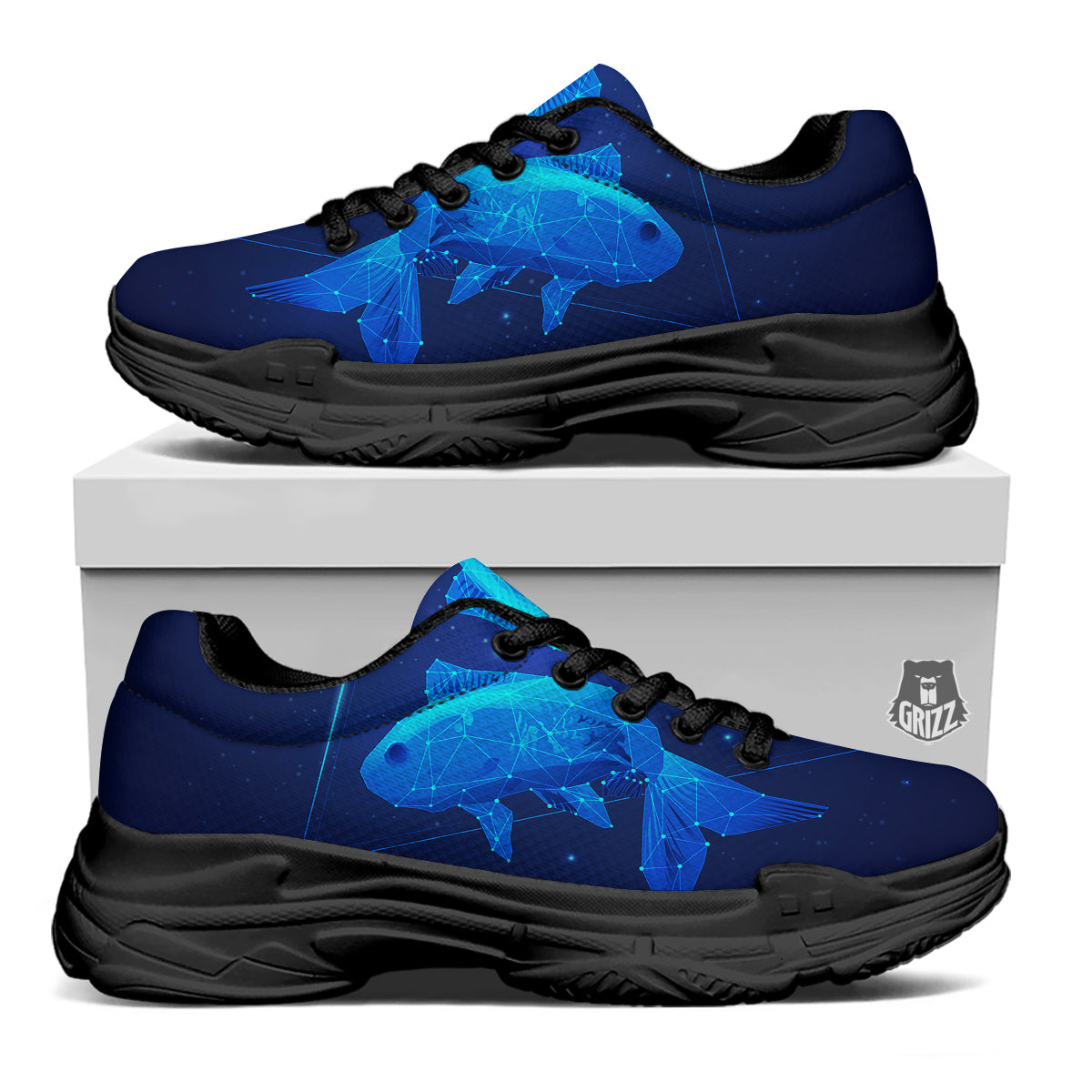 Zodiac Sign Dark Pisces Print Black Chunky Shoes-grizzshop
