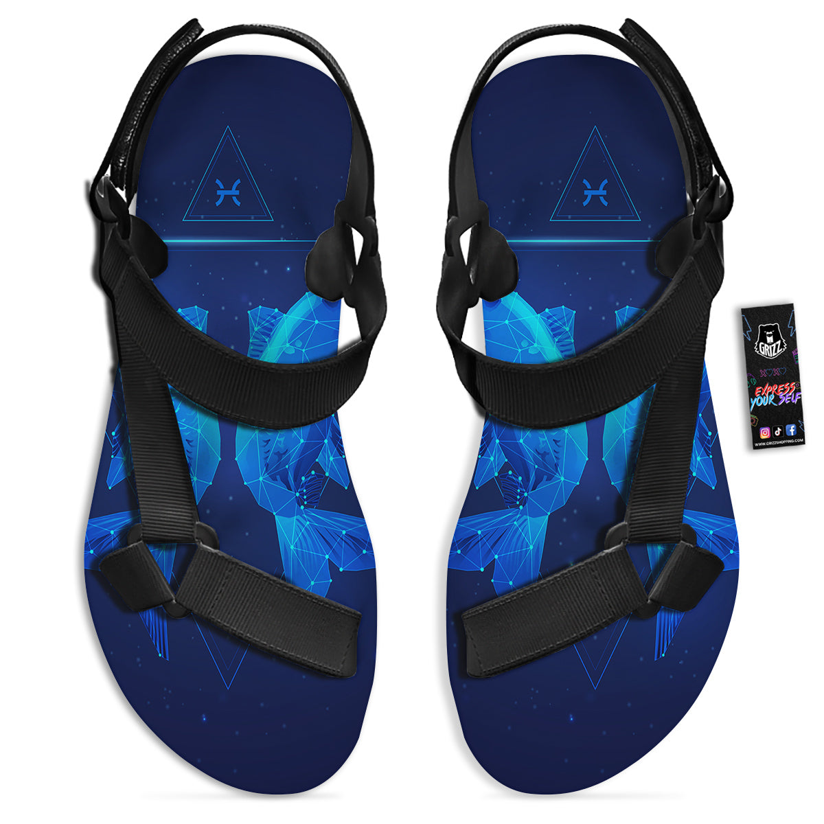 Zodiac Sign Dark Pisces Print Black Open Toe Sandals-grizzshop