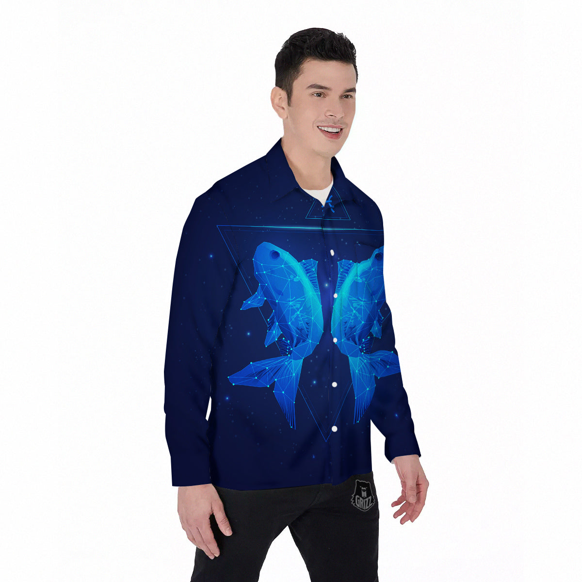 Zodiac Sign Dark Pisces Print Men's Long Sleeve Shirts-grizzshop