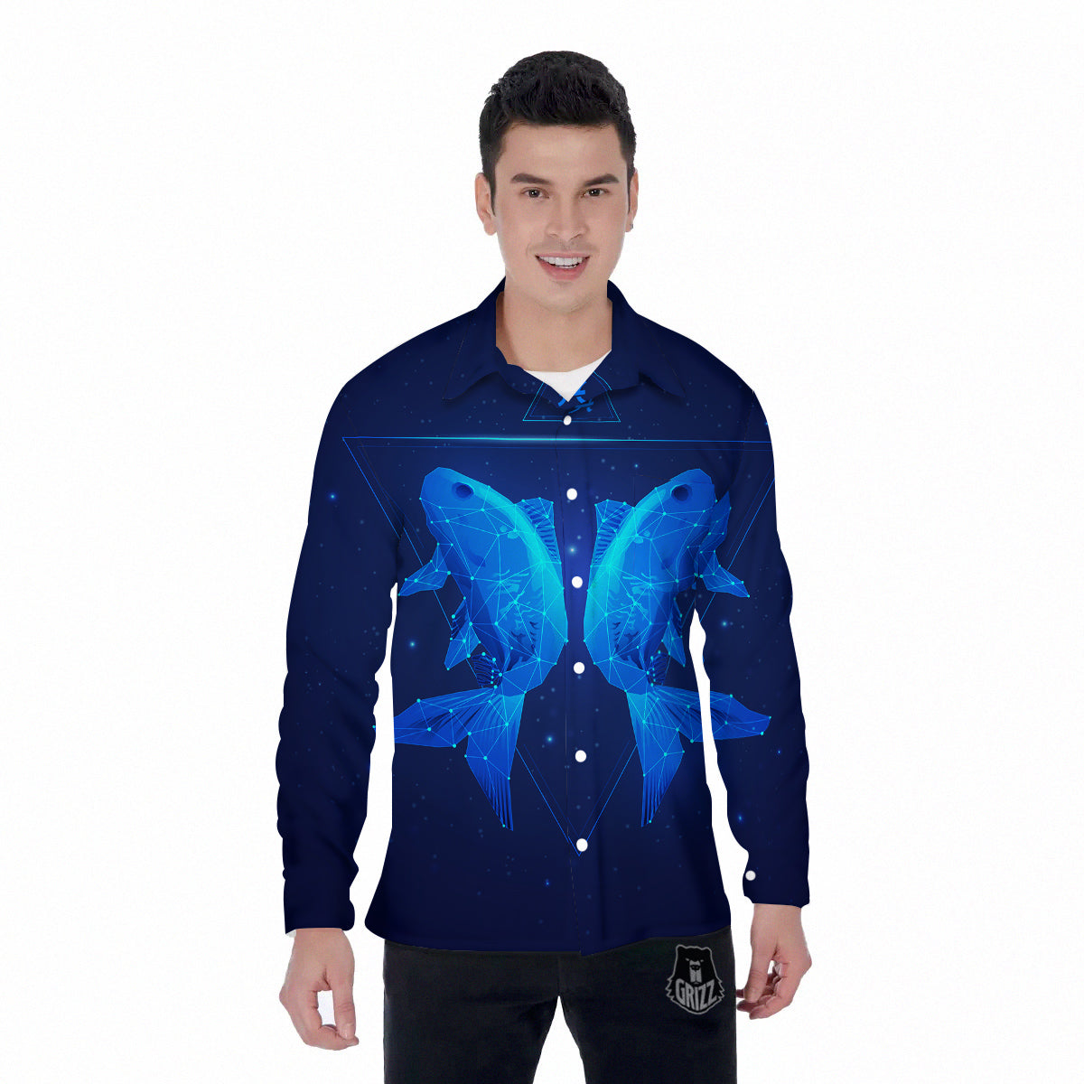 Zodiac Sign Dark Pisces Print Men's Long Sleeve Shirts-grizzshop