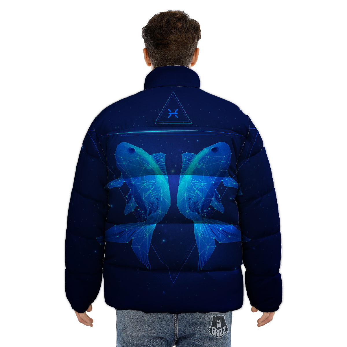 Zodiac Sign Dark Pisces Print Puffer Jacket-grizzshop