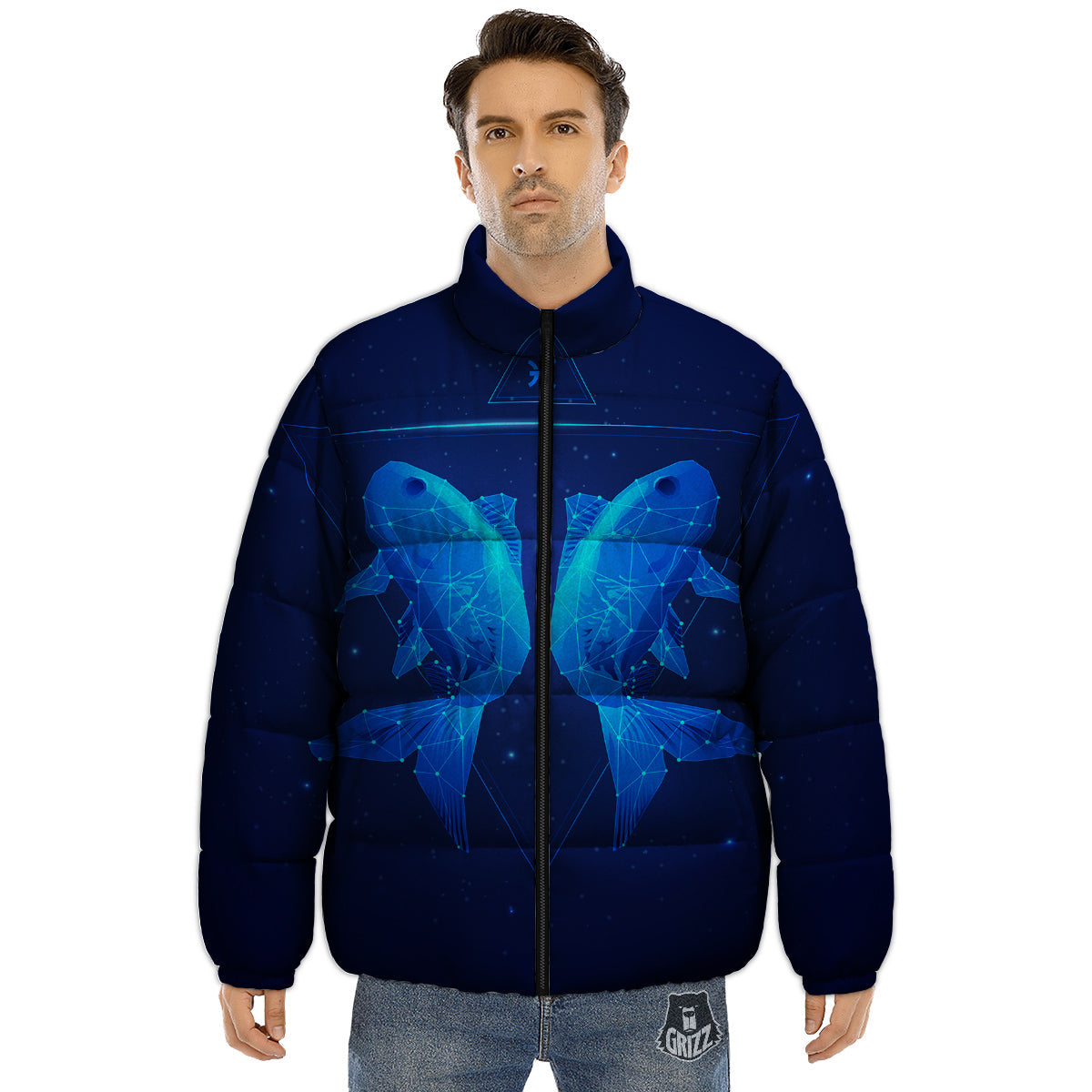 Zodiac Sign Dark Pisces Print Puffer Jacket-grizzshop