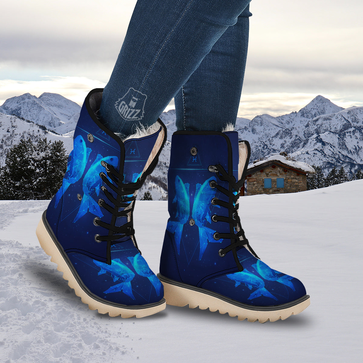 Zodiac Sign Dark Pisces Print Snow Boots-grizzshop