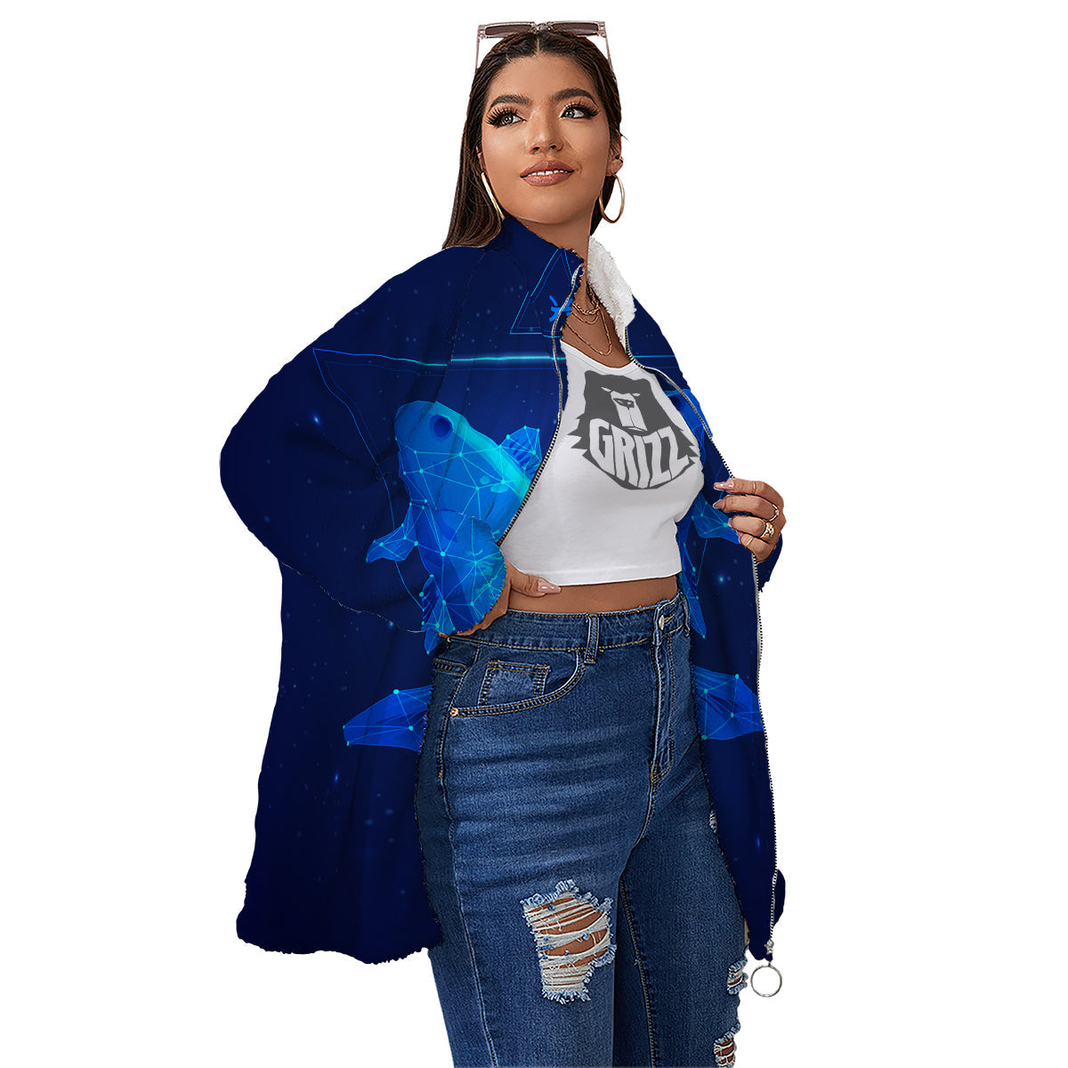 Zodiac Sign Dark Pisces Print Women's Sherpa Jacket-grizzshop