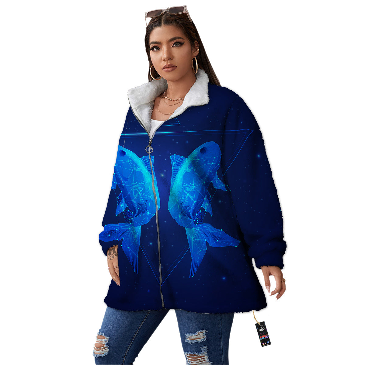 Zodiac Sign Dark Pisces Print Women's Sherpa Jacket-grizzshop