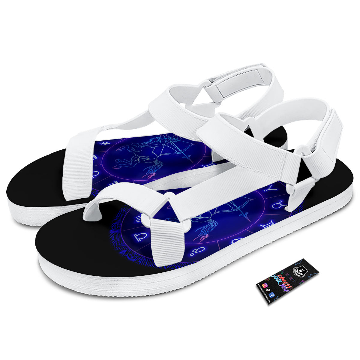 Zodiac Sign Dark Sagittarius Print White Open Toe Sandals-grizzshop