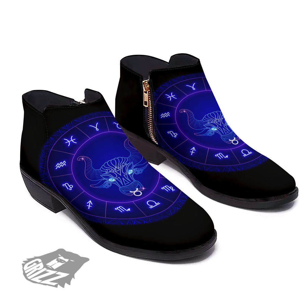 Zodiac Sign Dark Taurus Print Ankle Boots-grizzshop
