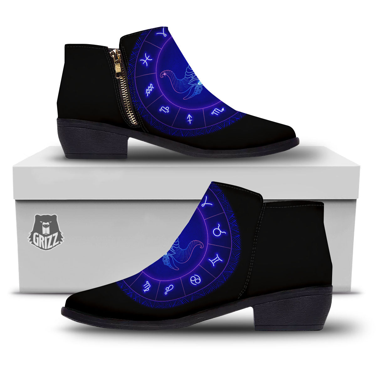Zodiac Sign Dark Taurus Print Ankle Boots-grizzshop