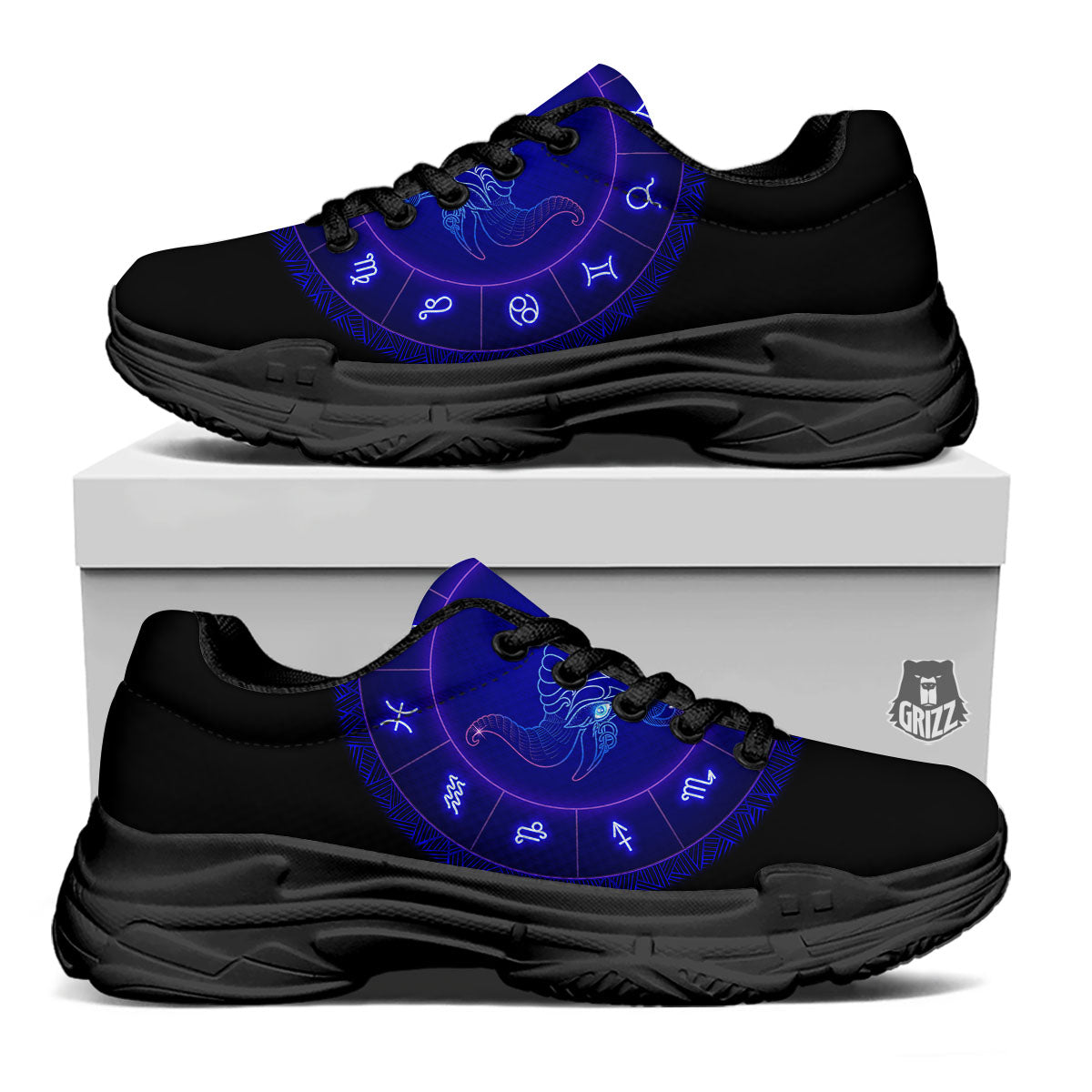 Zodiac Sign Dark Taurus Print Black Chunky Shoes-grizzshop