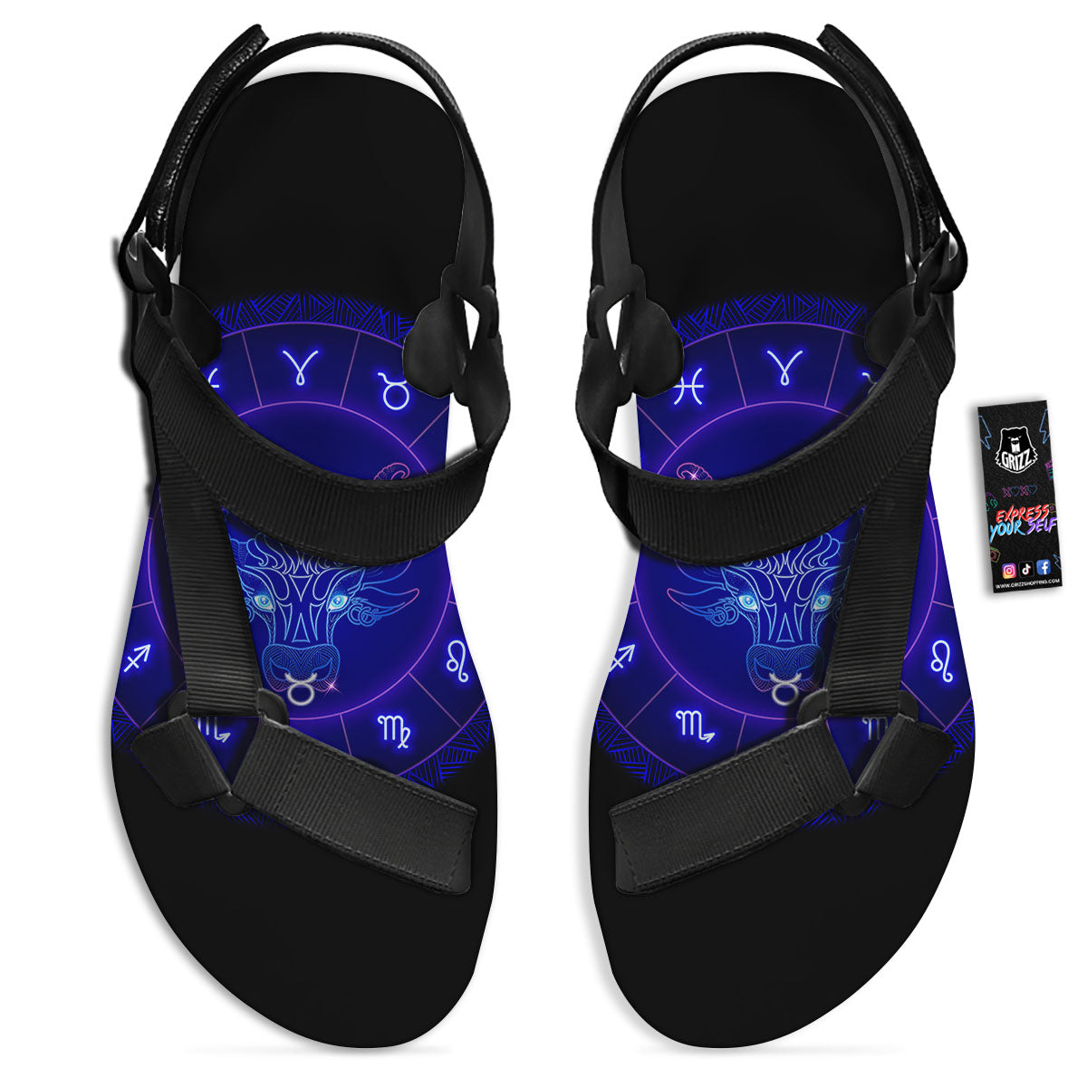 Zodiac Sign Dark Taurus Print Black Open Toe Sandals-grizzshop