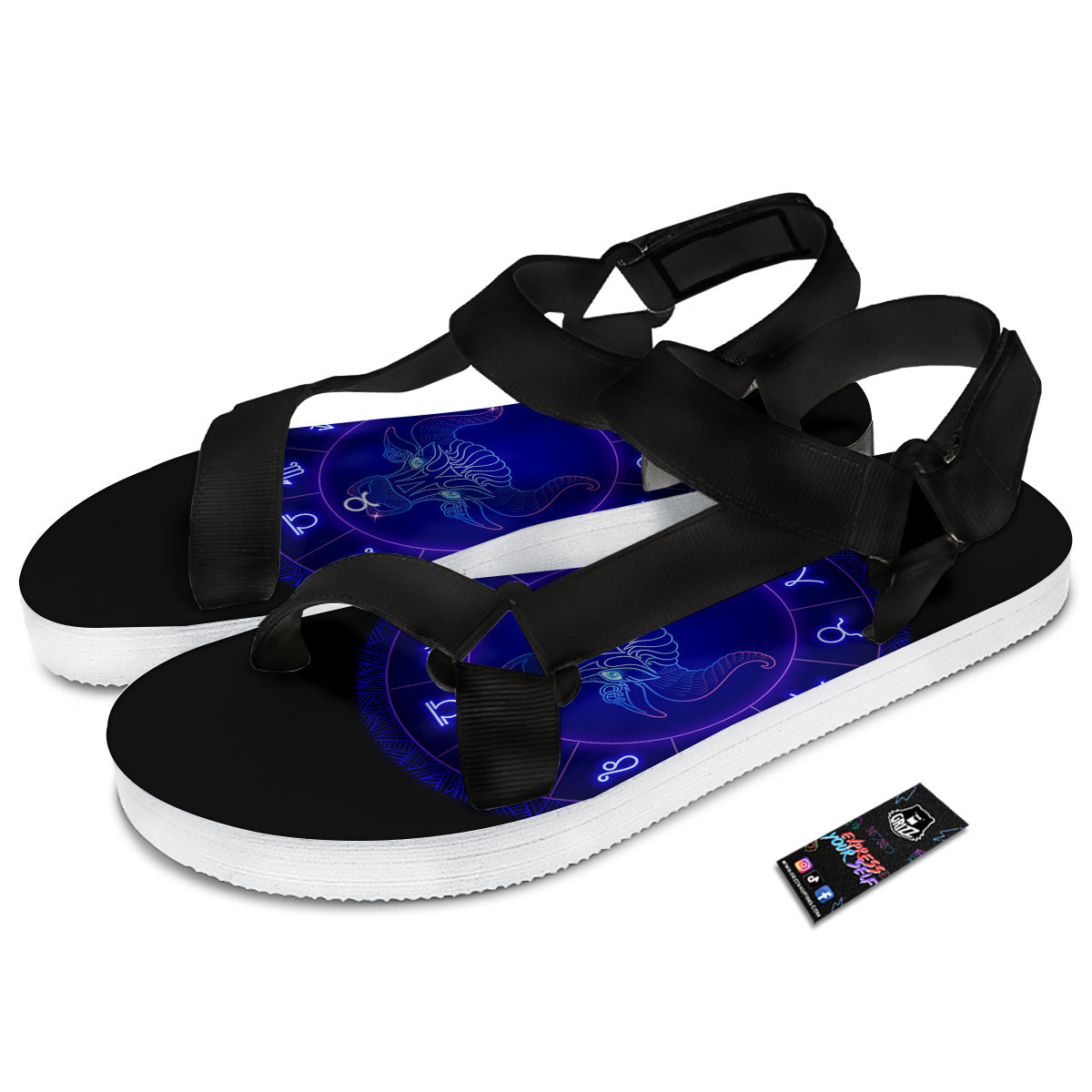 Zodiac Sign Dark Taurus Print Black Open Toe Sandals-grizzshop