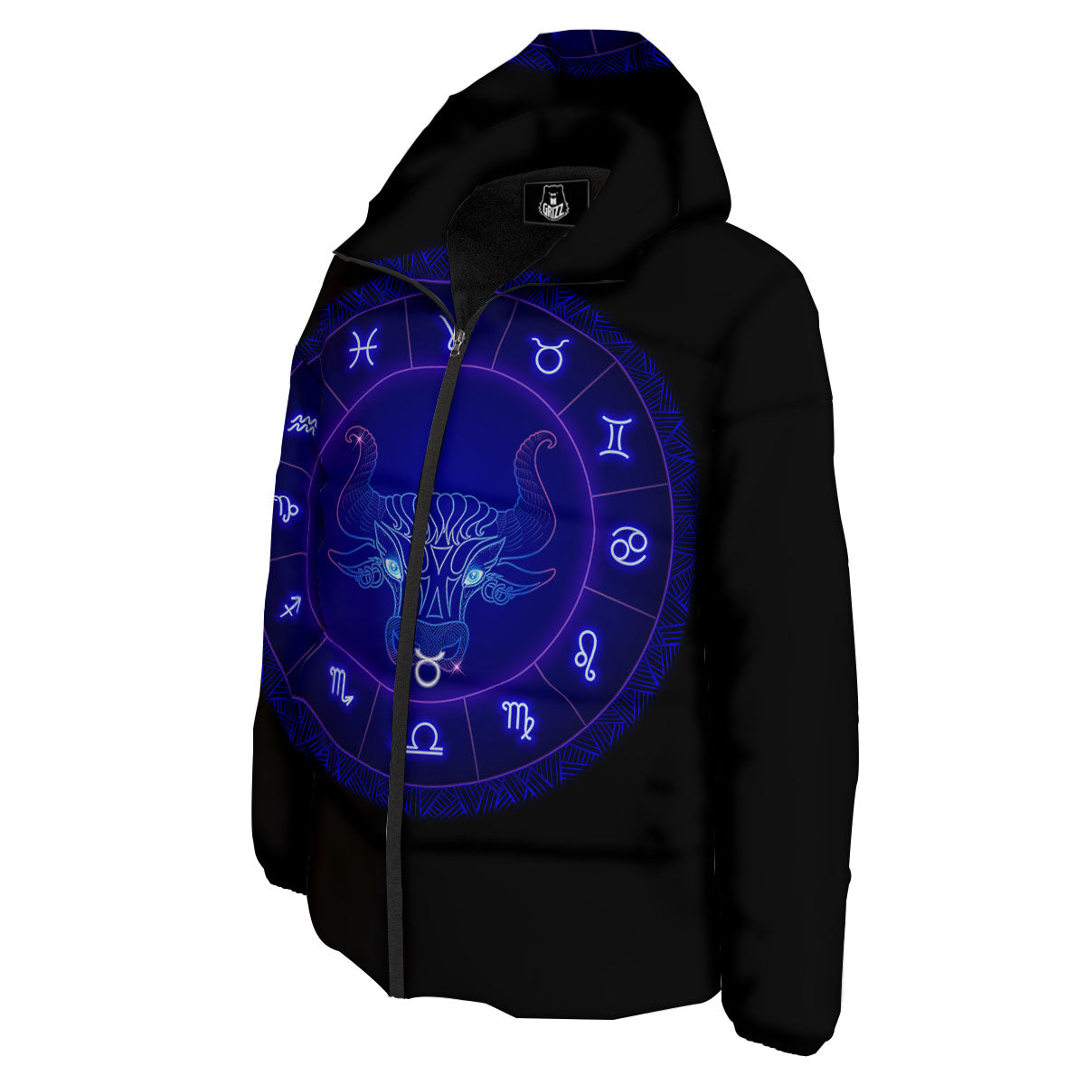 Zodiac Sign Dark Taurus Print Down Jacket-grizzshop