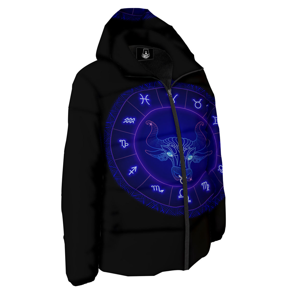 Zodiac Sign Dark Taurus Print Down Jacket-grizzshop