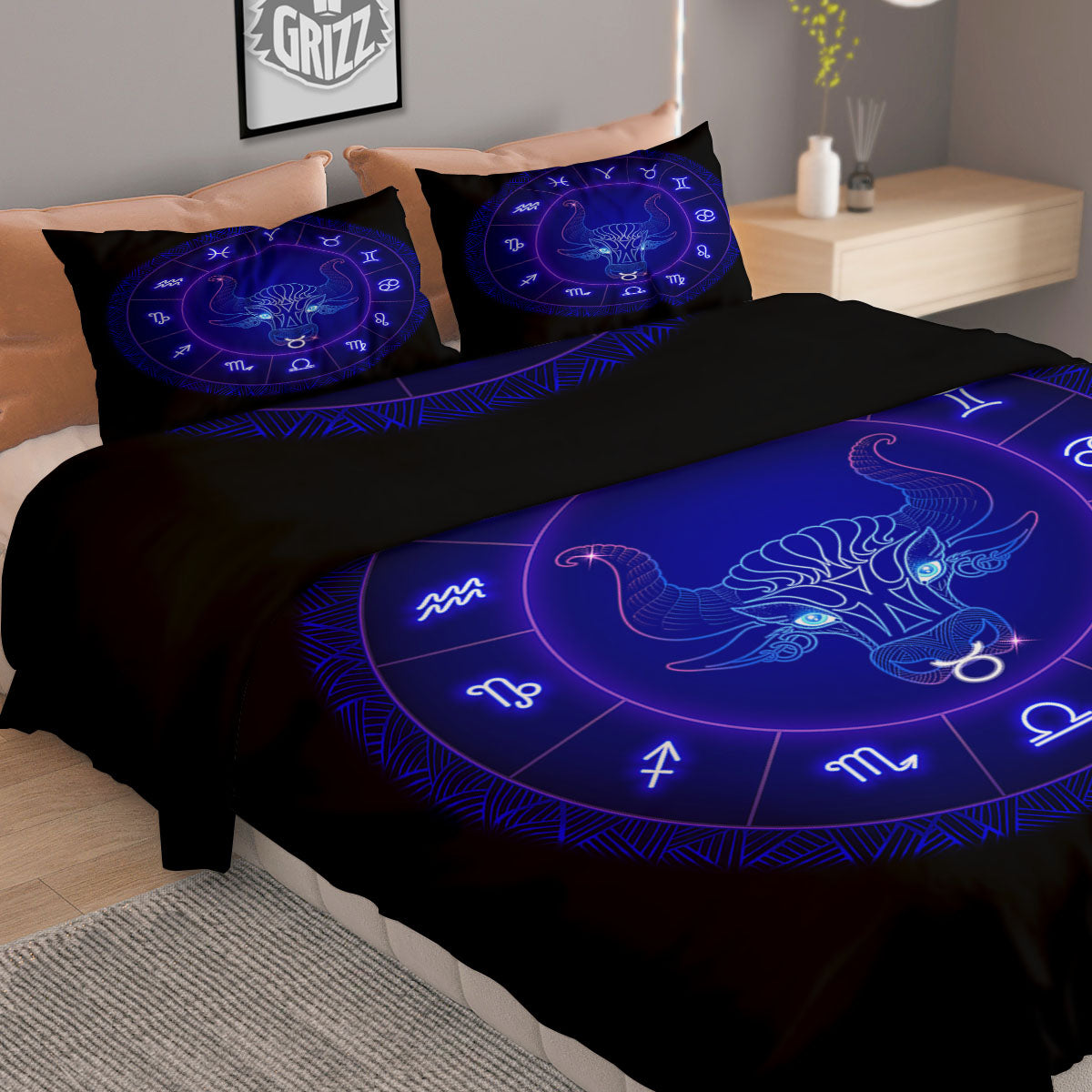 Zodiac Sign Dark Taurus Print Duvet Cover Bedding Set