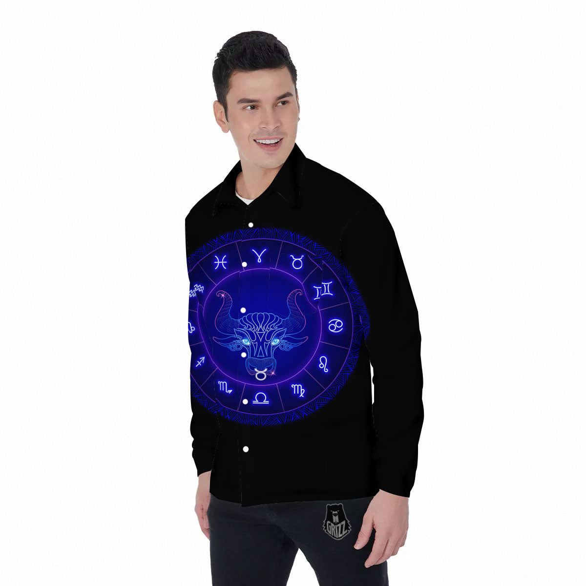 Zodiac Sign Dark Taurus Print Men's Long Sleeve Shirts-grizzshop