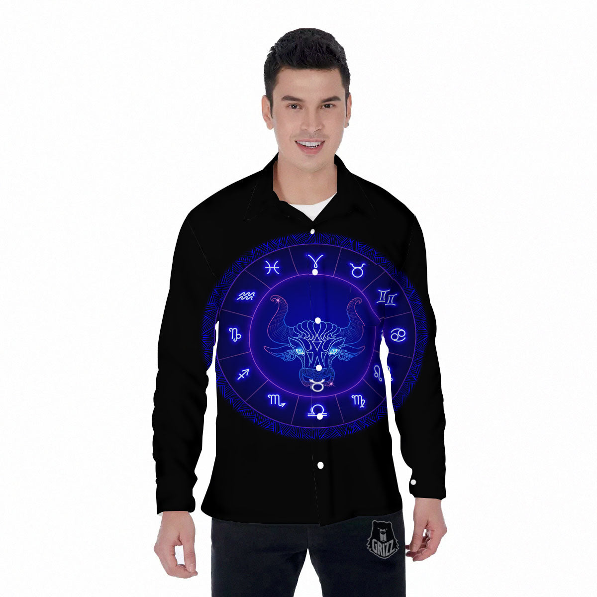 Zodiac Sign Dark Taurus Print Men's Long Sleeve Shirts-grizzshop