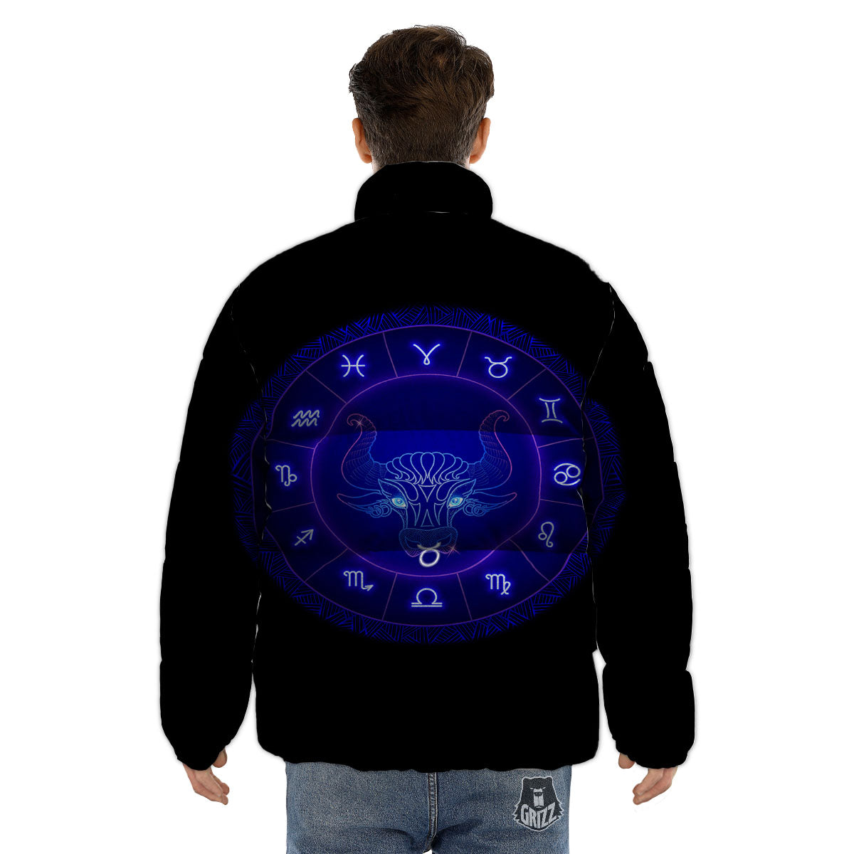 Zodiac Sign Dark Taurus Print Puffer Jacket-grizzshop