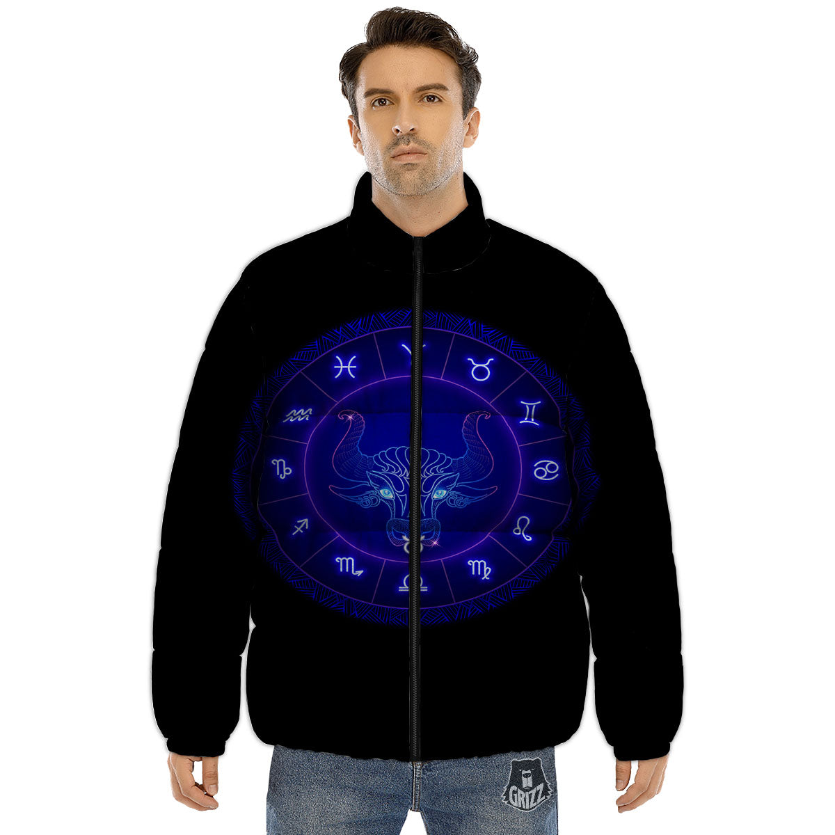 Zodiac Sign Dark Taurus Print Puffer Jacket-grizzshop