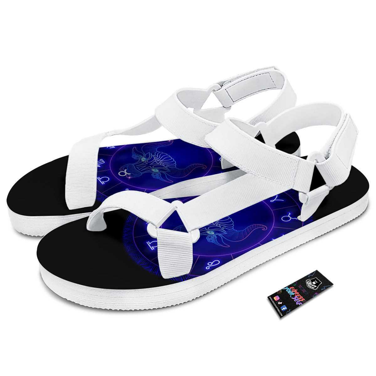 Zodiac Sign Dark Taurus Print White Open Toe Sandals-grizzshop