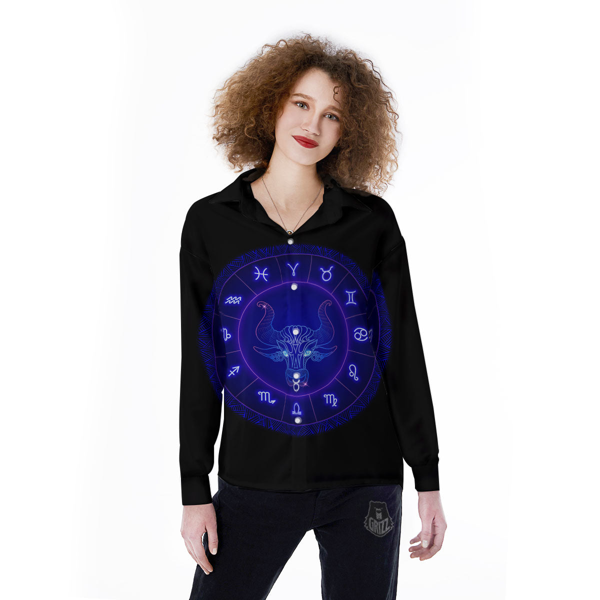 Zodiac Sign Dark Taurus Print Women's Long Sleeve Shirts-grizzshop